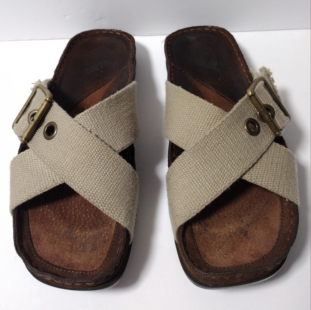 Earth Dune Unisex Criss Cross Textile Adjustable Slide Cork Flat Walking Sandals - Picture 2 of 8